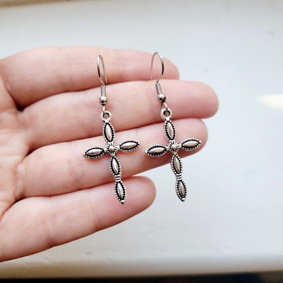 Pair of Silver Simple Classic Cross Hook Drop Earrings - Picture 2 of 8